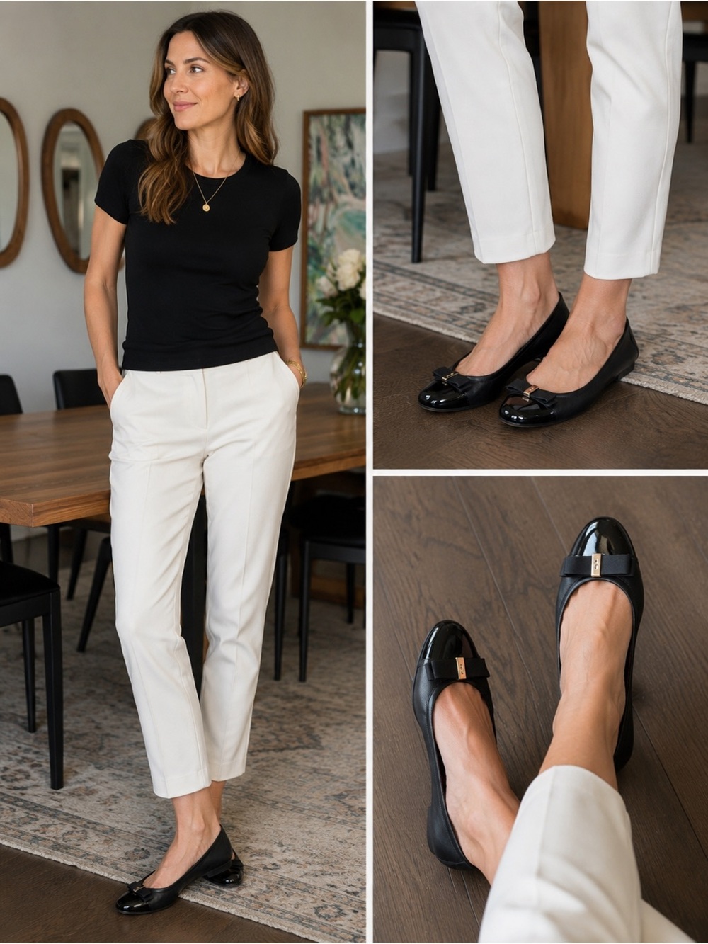 Cole Haan Black Leather Ballet Flats with Patent Cap Toe